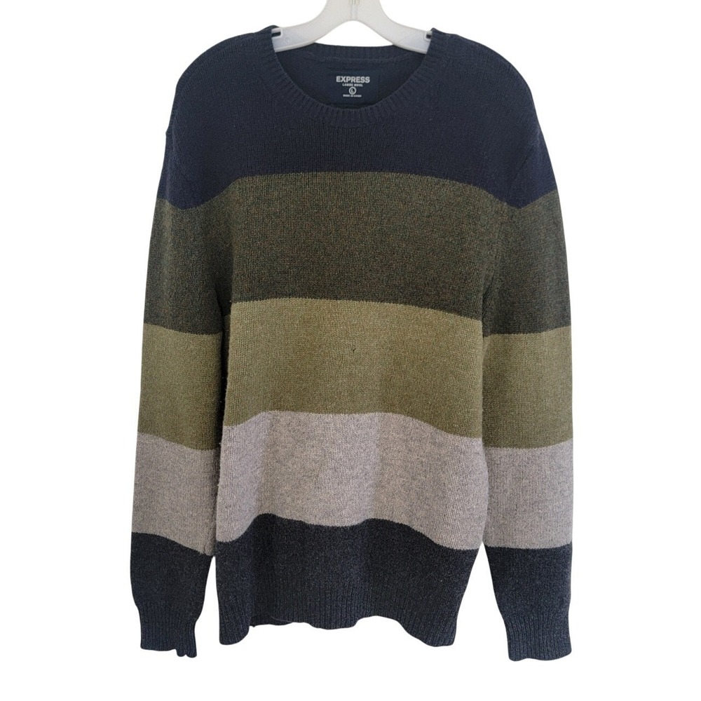 Express Mens Large Lambs Wool Striped‎ Crewneck Sweater Navy Blue Green Gray